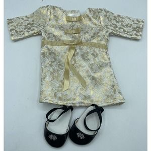 American Girl Doll Rare Shimmery Gold Dress and Shoes Retired Holiday 18" Size
